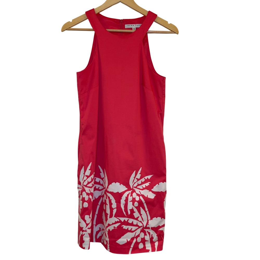 Trina Turk Palm Tree Shift Dress Women 4 Coral Pink Excellent Tropical High Neck - Picture 2 of 12